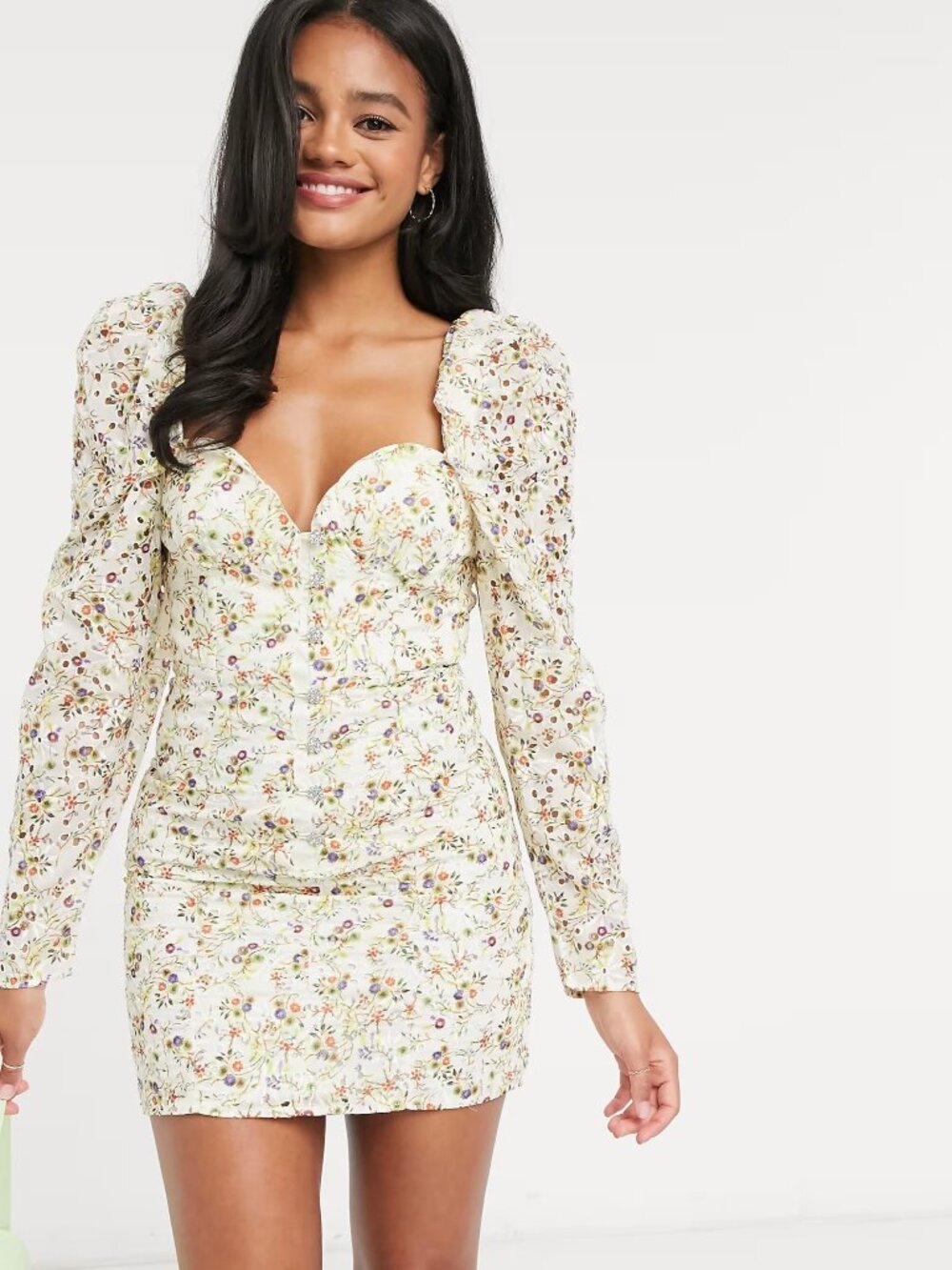 Asos Design NWT Sweetheart Mini Dress With Puff Sleeves and Rhinestone Buttons 2